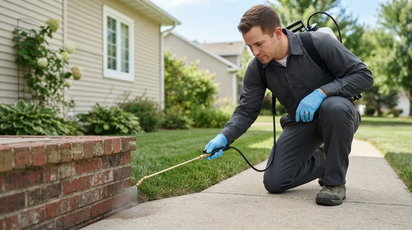 Pest control technician treating a home near Goodfield, IL