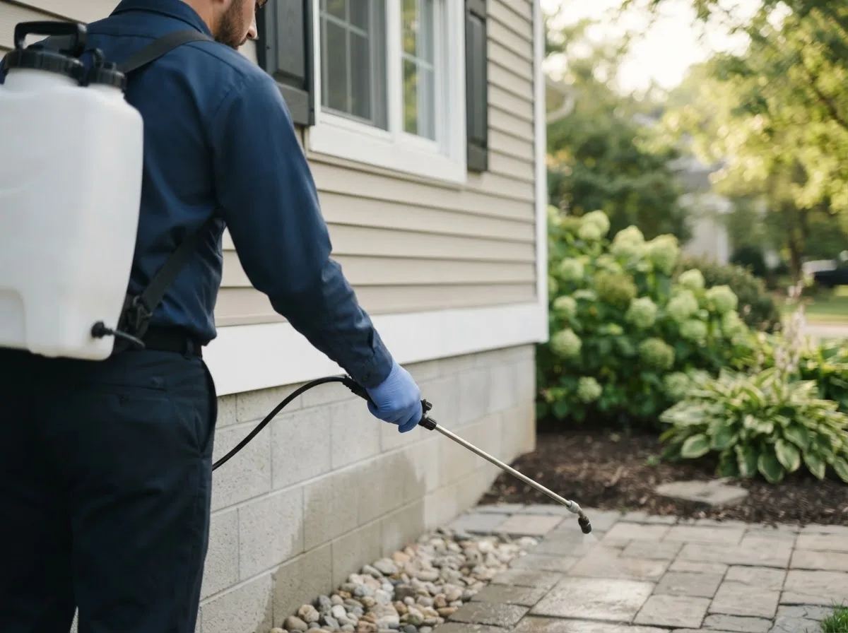 Pest control technician inspecting a home in Goodfield, IL